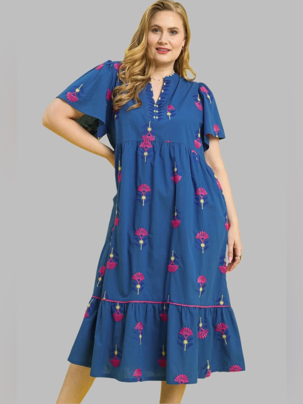 Umgee Blue Floral Embroidered Midi Dress